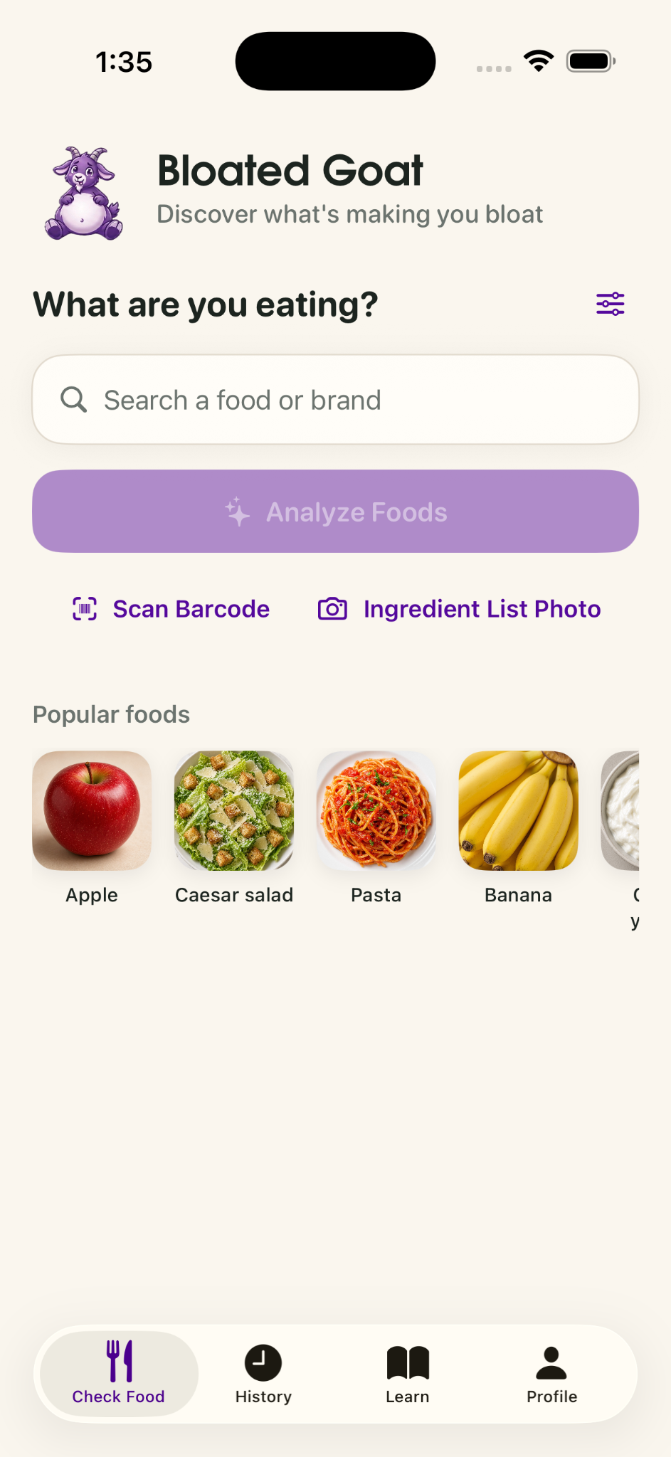 Bloated Goat home screen with food search, barcode scan, and ingredient-list photo options