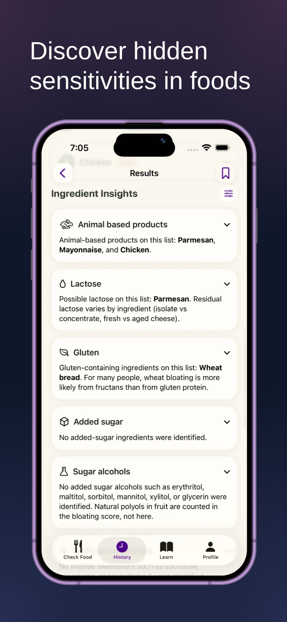 Ingredient insights for a Caesar salad covering lactose, gluten, and sugar alcohols