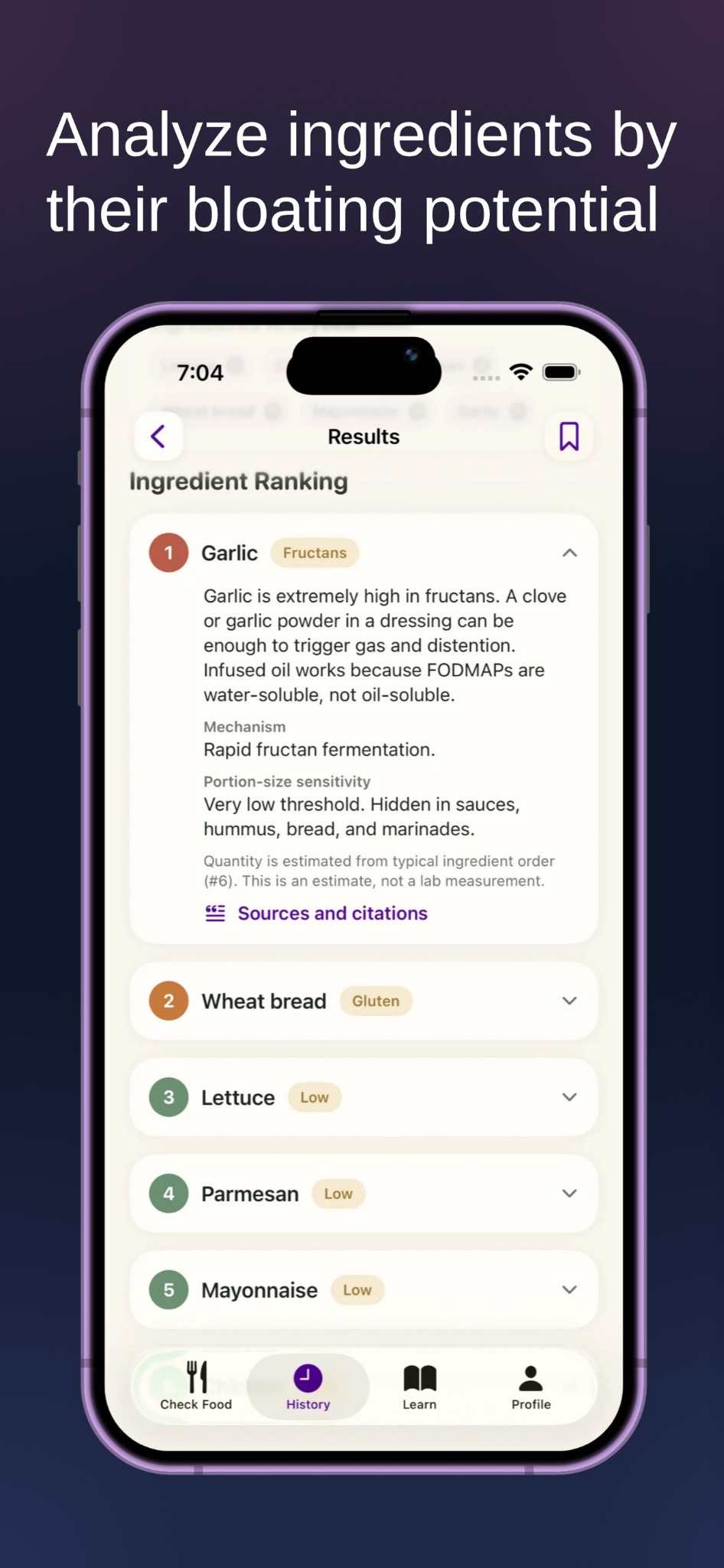 Ingredient ranking screen showing garlic as a possible bloating contributor, with explanatory details and citations