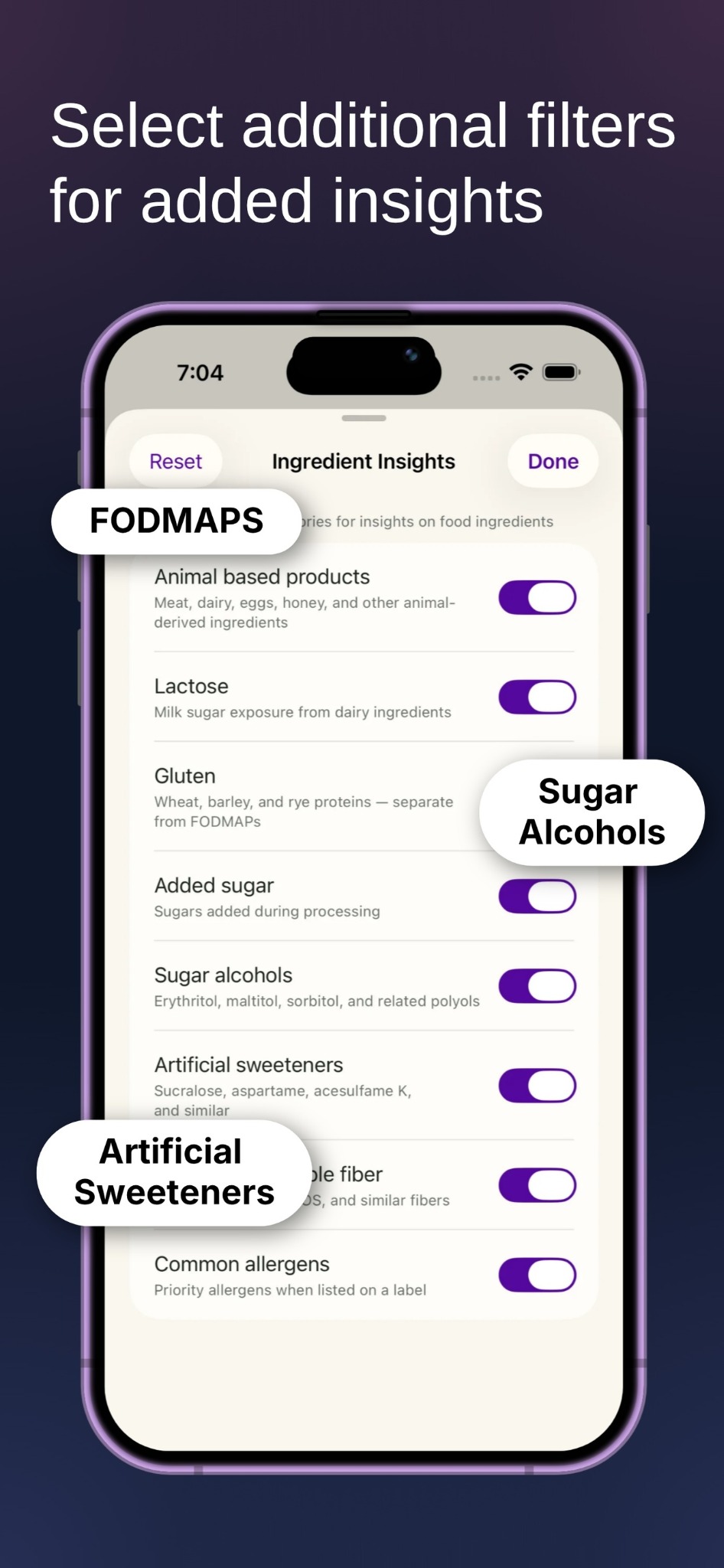 Settings for lactose, gluten, sugar alcohols, artificial sweeteners, and other ingredient insights